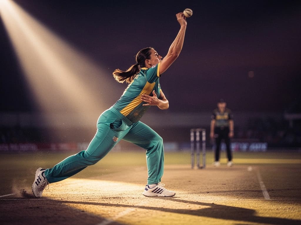 WPL fast bowler in her delivery stride under floodlights during a Women's Premier League 2026 match