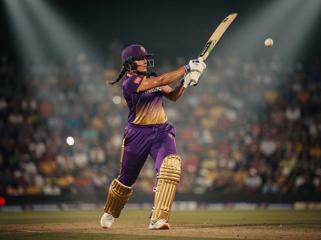 Women's Premier League batter driving through cover under floodlights at a WPL 2026 night match