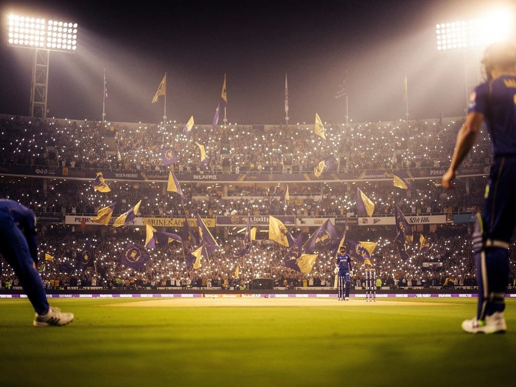 Packed stadium crowd watching a Women's Premier League 2026 night match under floodlights
