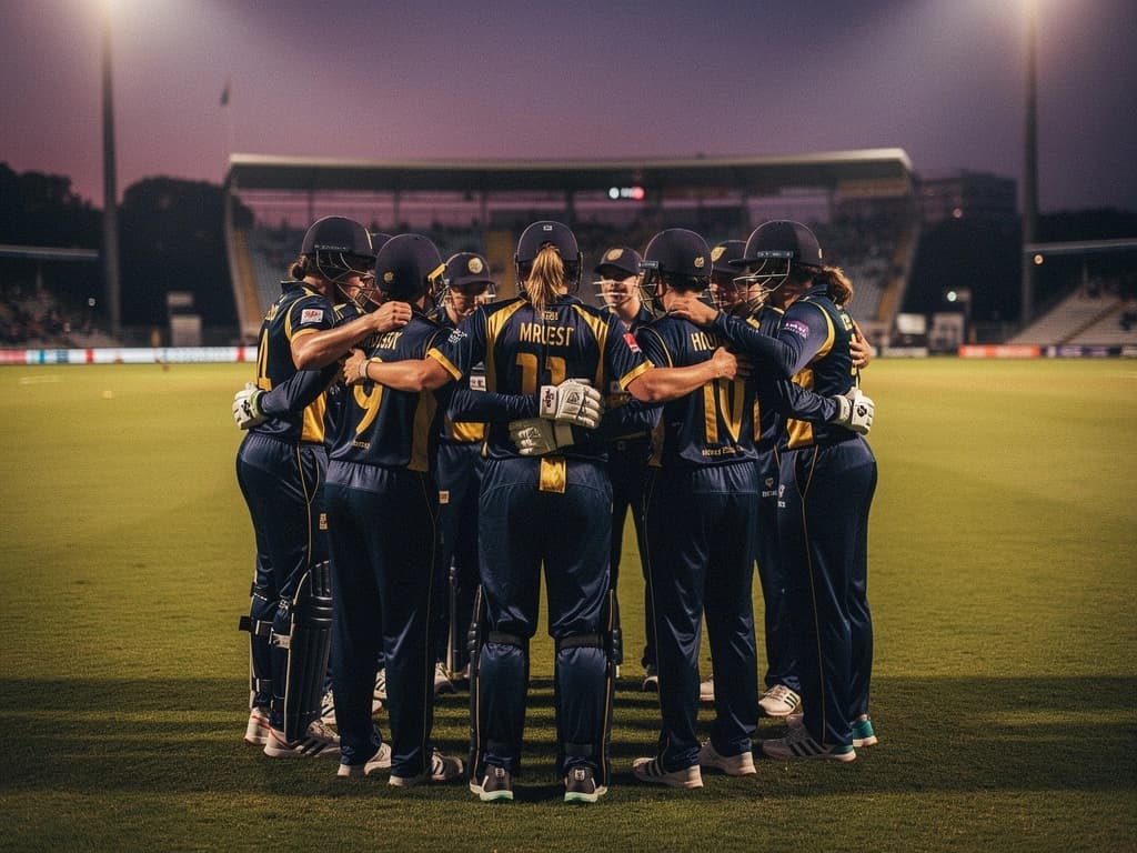 Women's Premier League team huddle on the outfield before the start of a WPL 2026 match