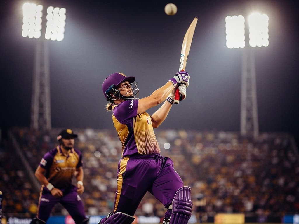 WPL batter hitting a six under lights during a Women's Premier League 2026 night match