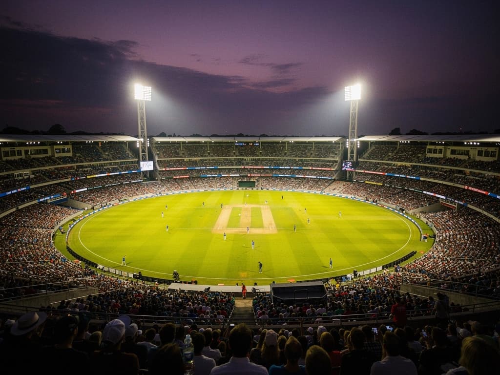 Floodlit cricket stadium at dusk hosting a Women's Premier League 2026 night match