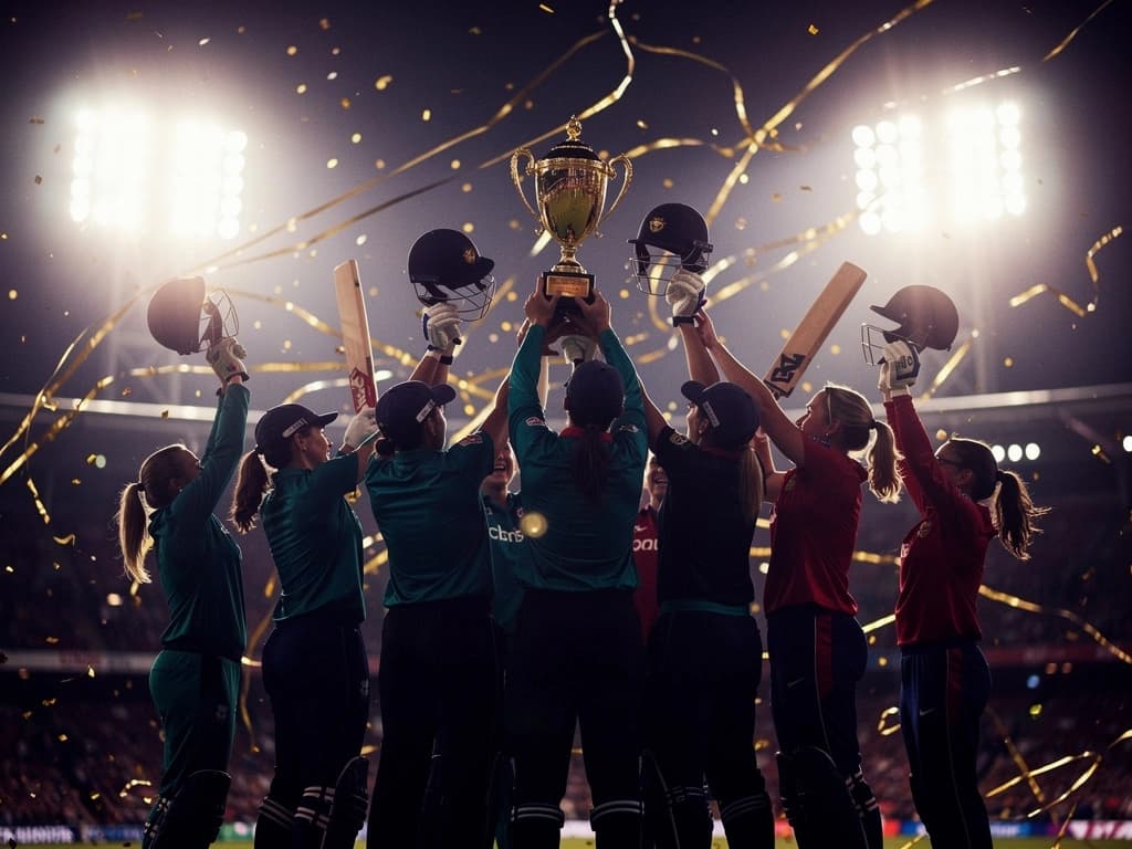 Women's cricket team lifting the trophy in gold confetti after the WPL 2026 final